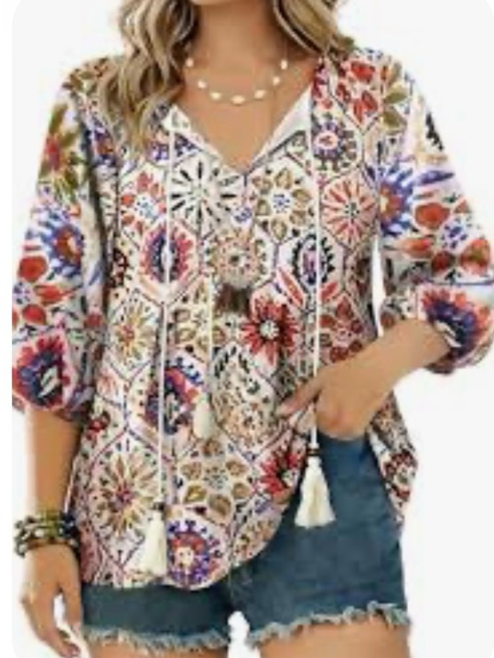 GUNEST Boho Peasant Blouse Floral Mosaic Print Tassel Tie V-Neck Top - Size 2XL